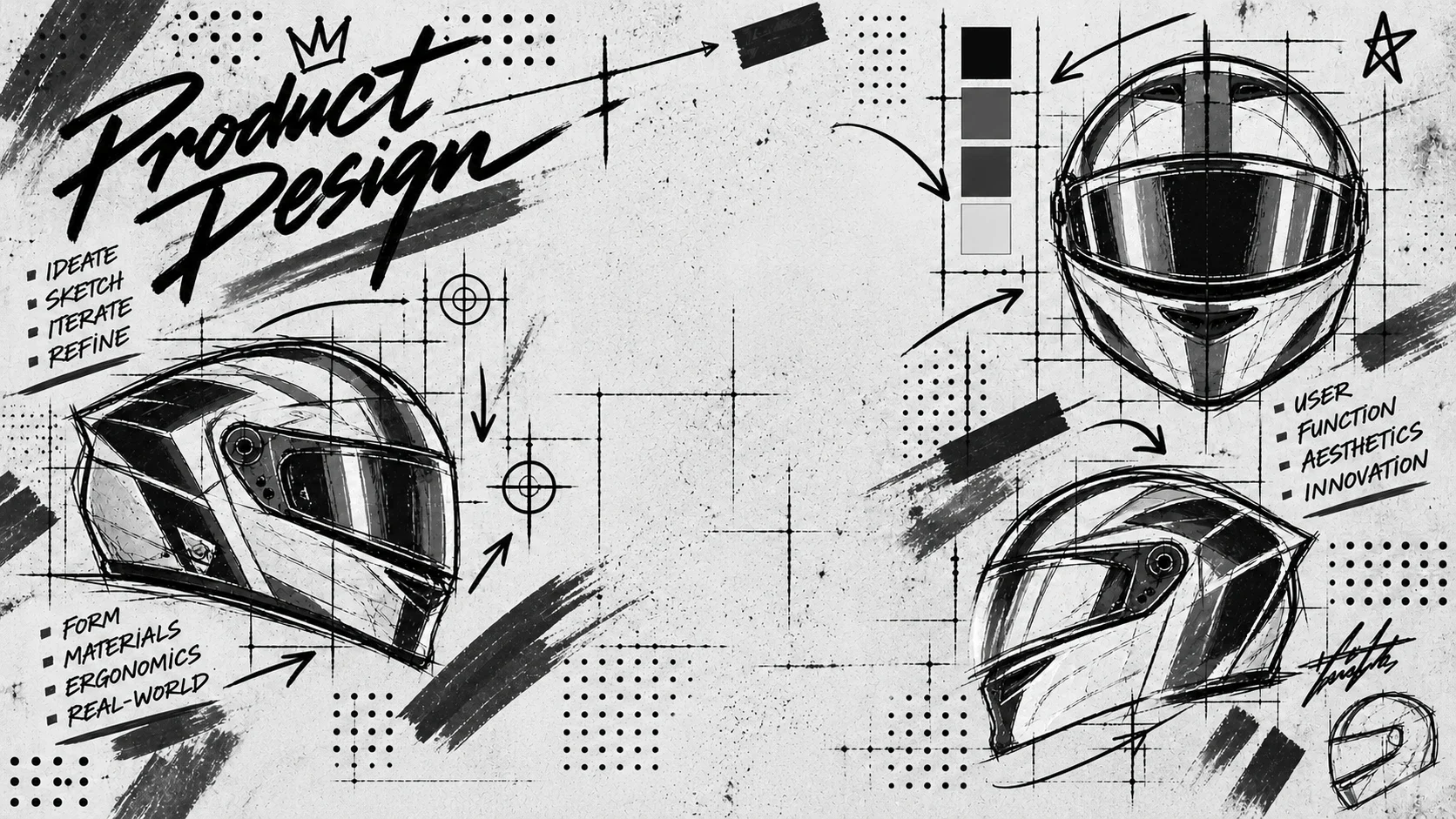 Product design sketches of racing helmets: ideate, sketch, iterate, refine